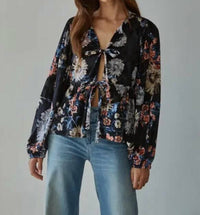 By Together Velvet Floral Print V Neck Open Front Top in black - women's blouse - alternate view