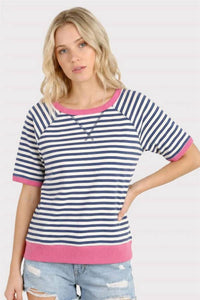 Staccato - Color Trimmed Half Sleeve Crewneck Terry Striped Top