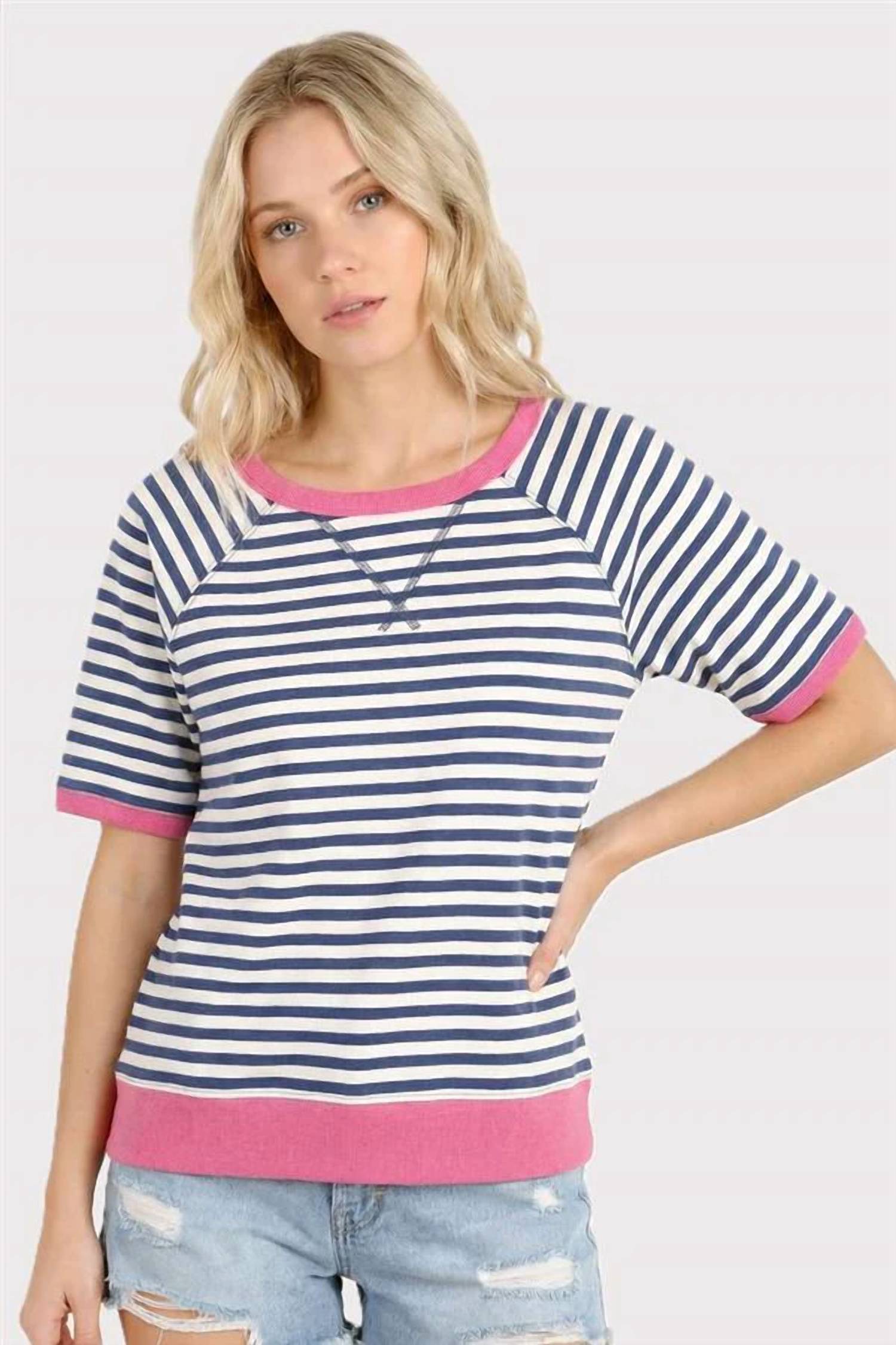 Staccato - Color Trimmed Half Sleeve Crewneck Terry Striped Top