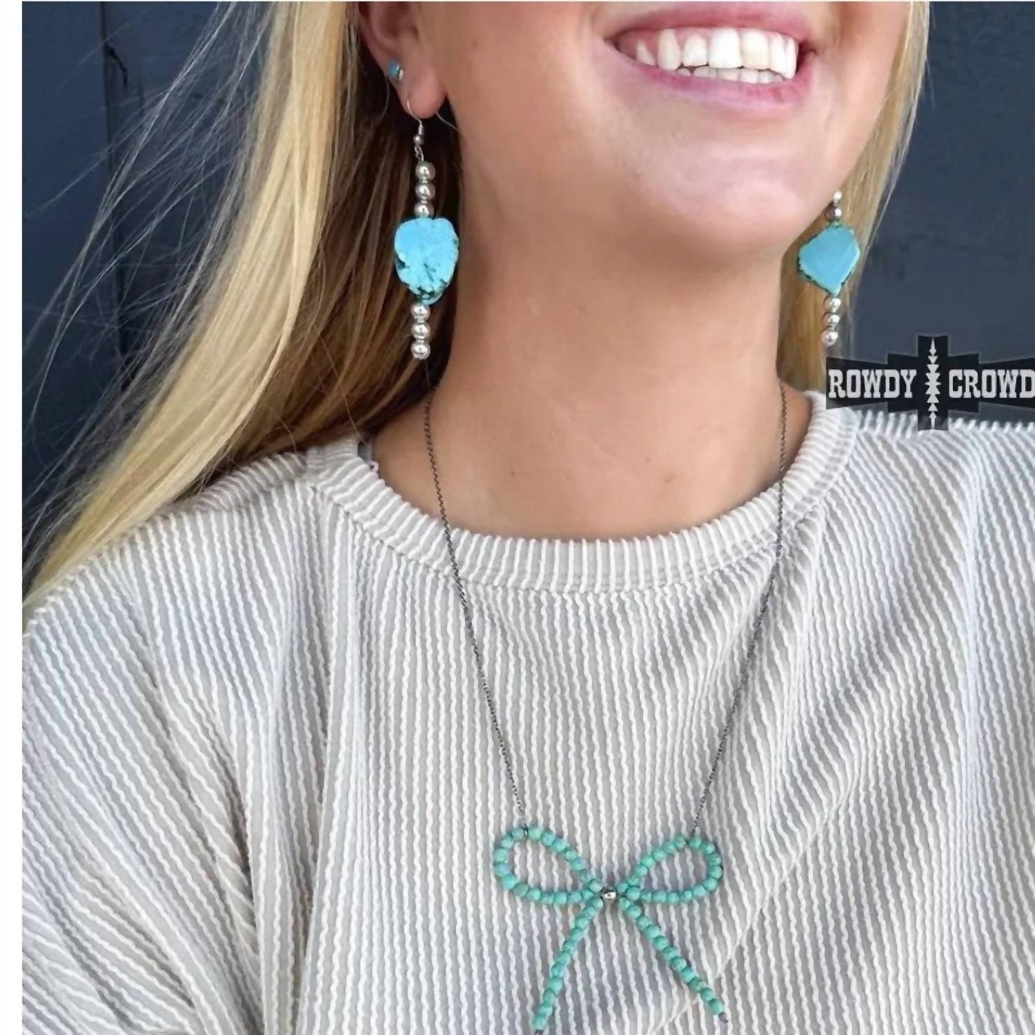 Rowdy Crowd Women's Pearl Bow Beaded Necklace in teal navajo - women's jewelry - detail view