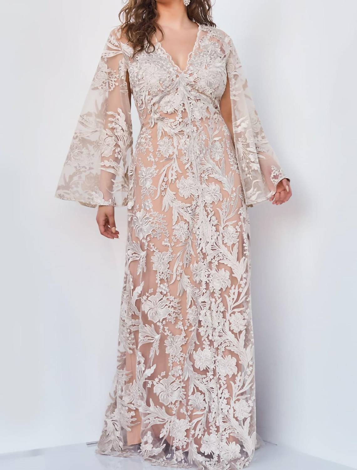 Jovani - Cape Sleeve Lace Dress