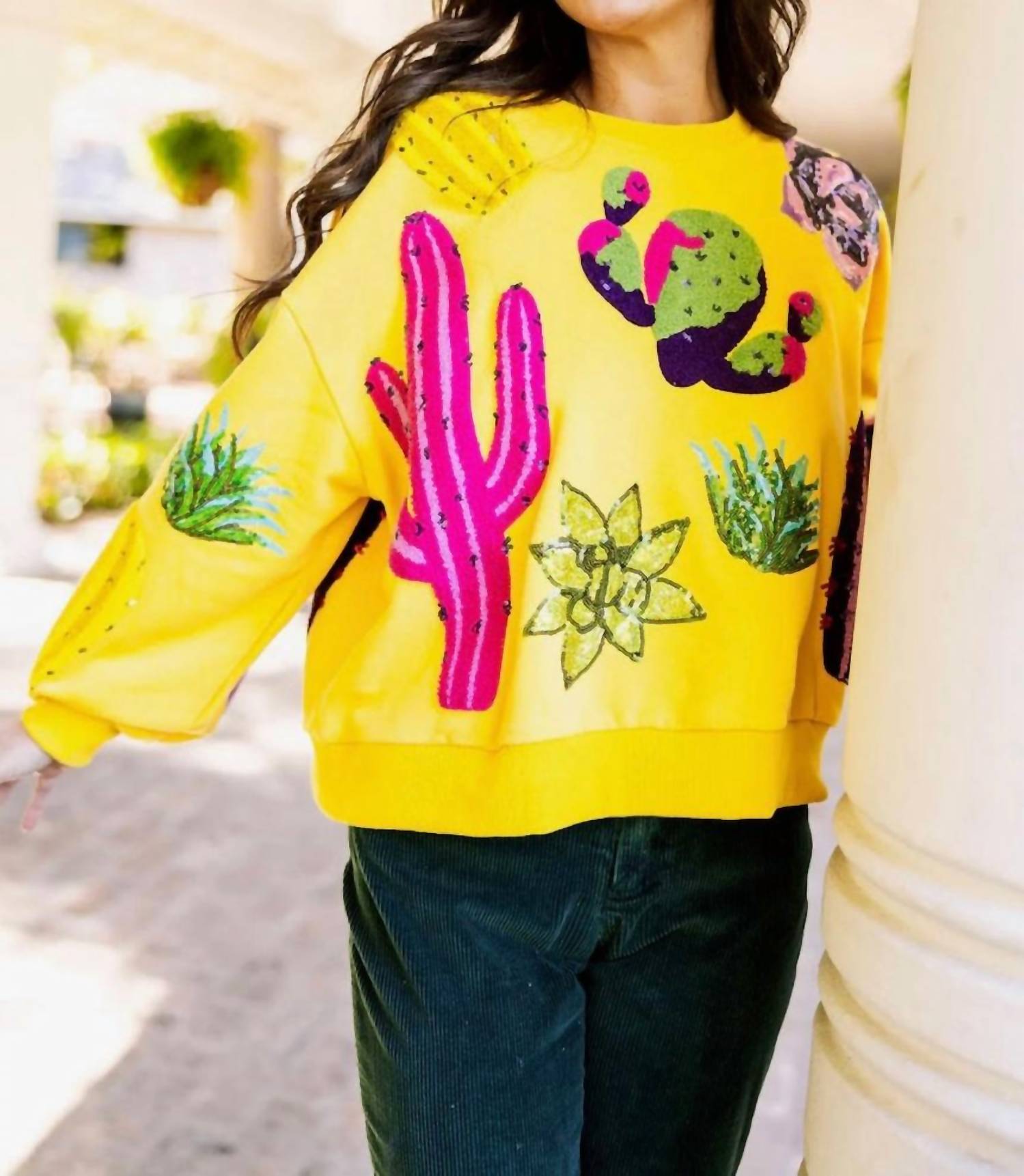 QUEEN OF SPARKLES Cactus Sweatshirt in yellow - women's top - alternate view