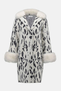 Joseph Ribkoff - Fae Feather Yarn Animal Jacquard Coat With Faux Fur Trim
