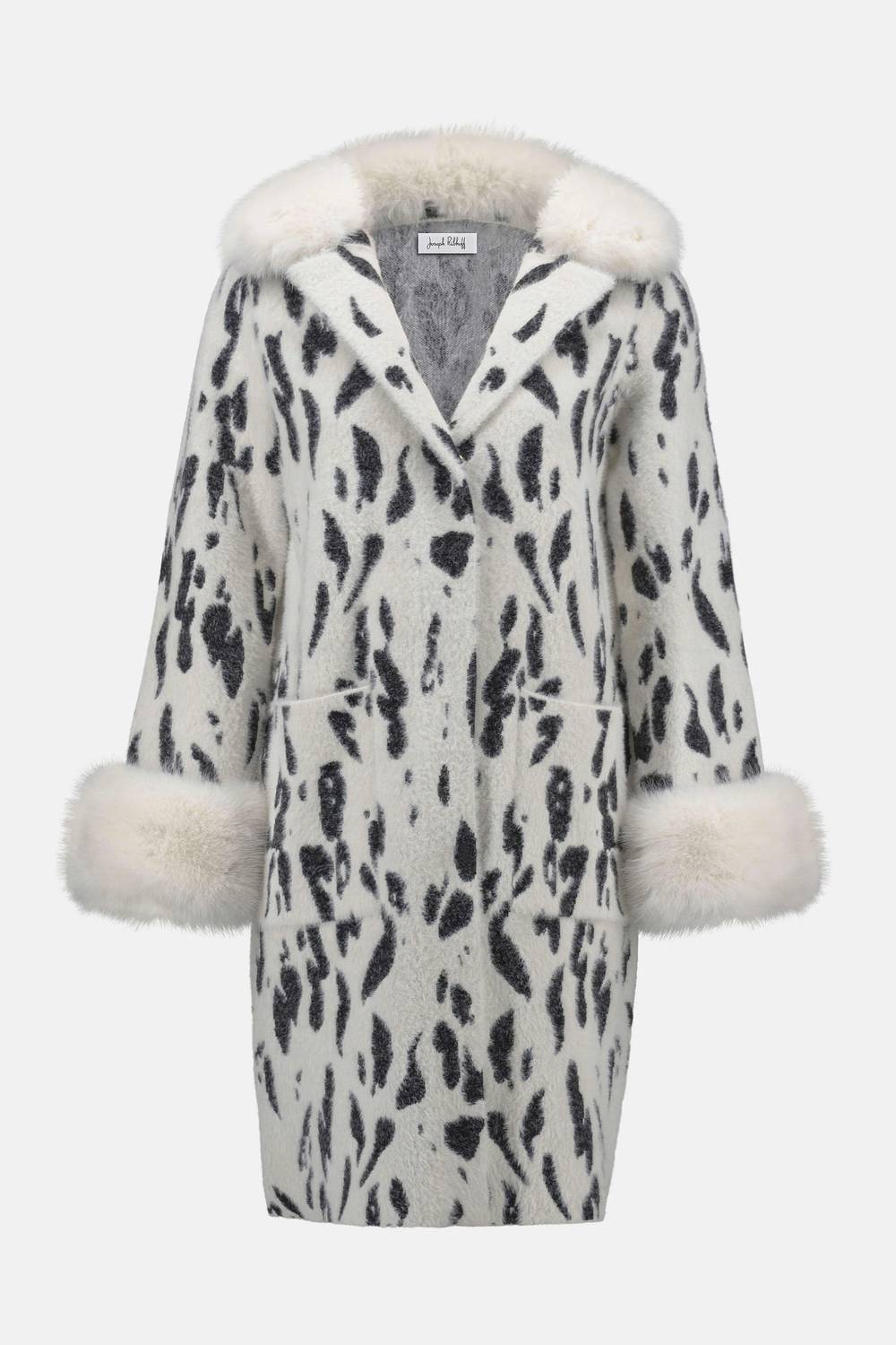 Joseph Ribkoff - Fae Feather Yarn Animal Jacquard Coat With Faux Fur Trim