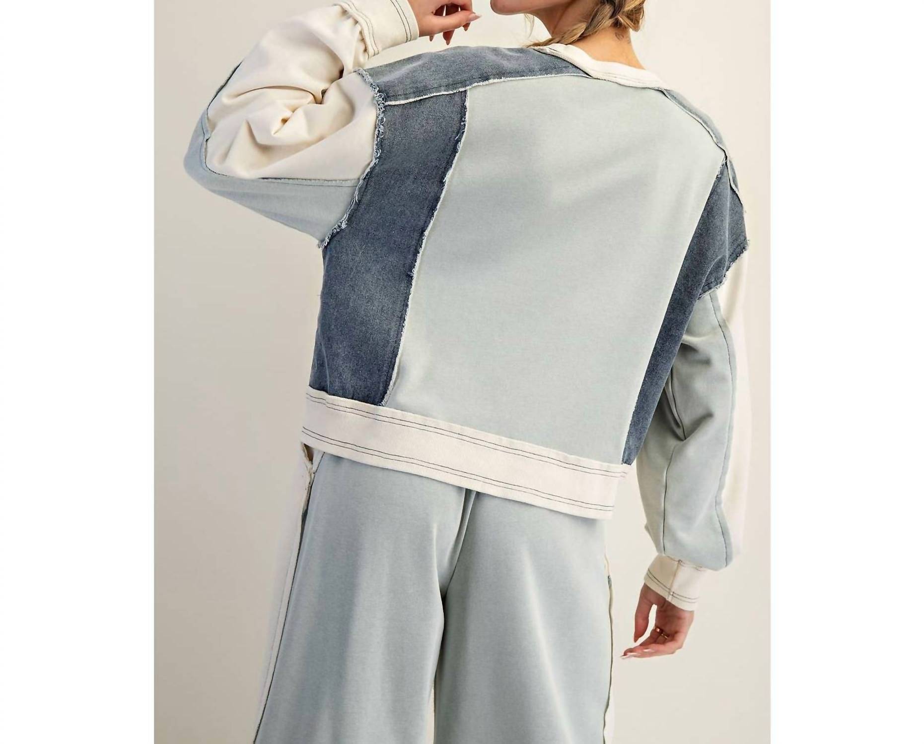 Style Usa - Frayed Color Block Long Sleeve Pullover