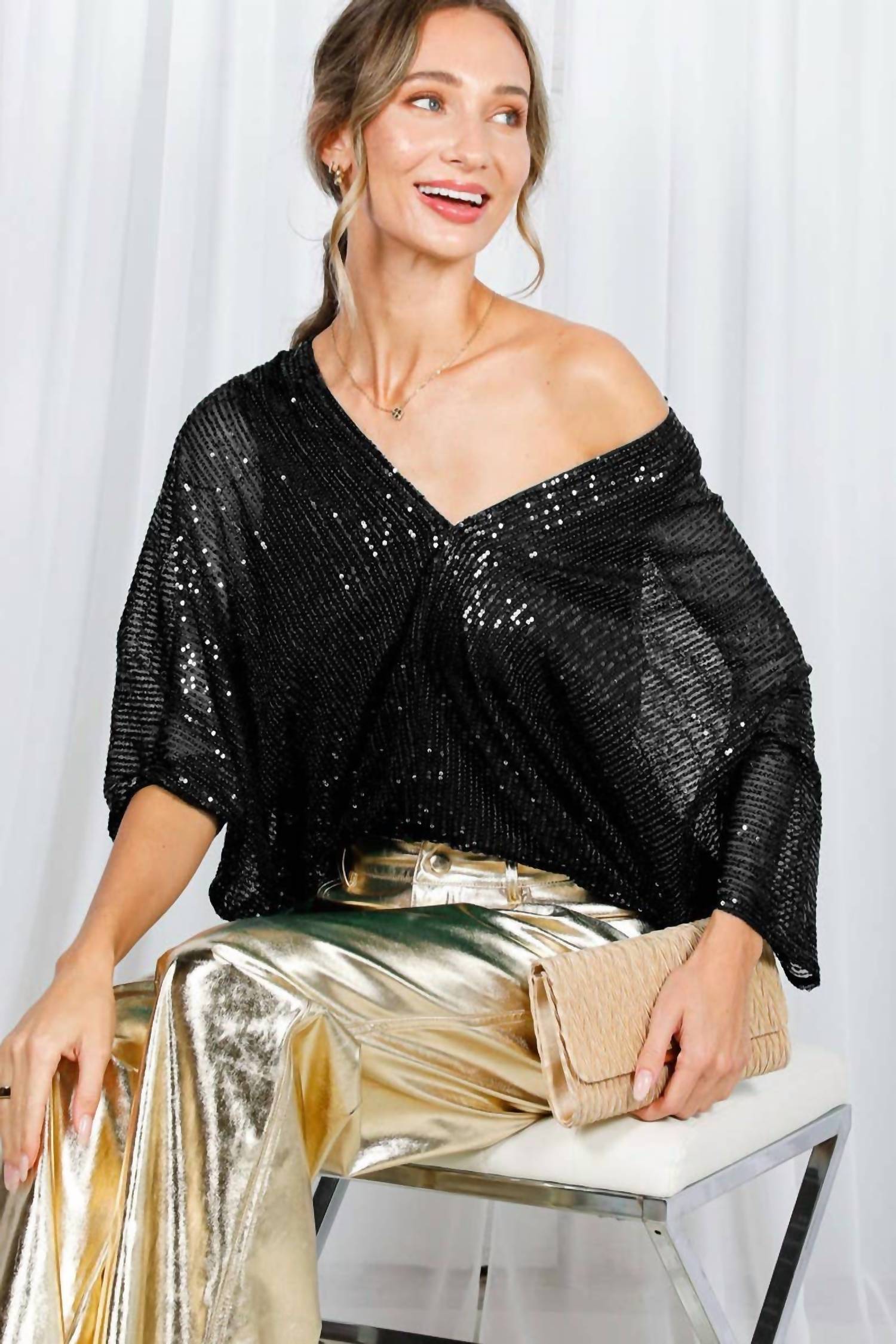 Vine & Love - Allover Sequin V-neck Dolman Sleeve Blouse