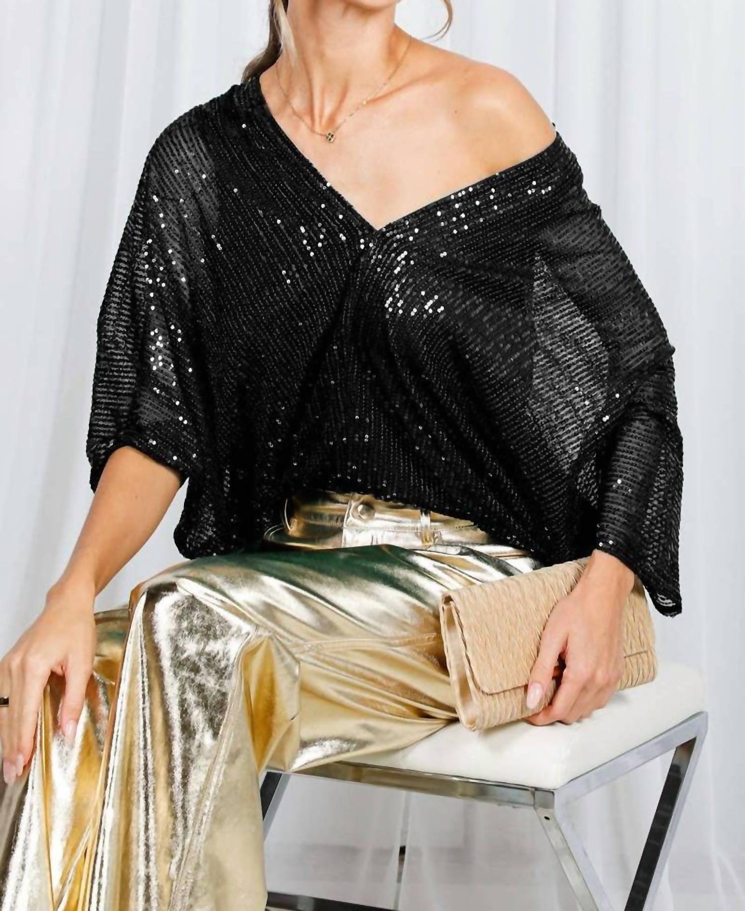 Vine & Love - Allover Sequin V-neck Dolman Sleeve Blouse