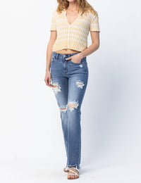 Judy Blue Destroyed Straight Mid-rise Jeans in medium blue - women's jeans - alternate view