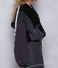 POL Hooded Button Down Combo Shacket in charcoal black - women's jacket - view 4