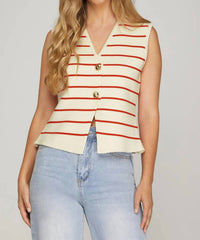 She + Sky - Sleeveless Button Striped Knit Sweater Vest