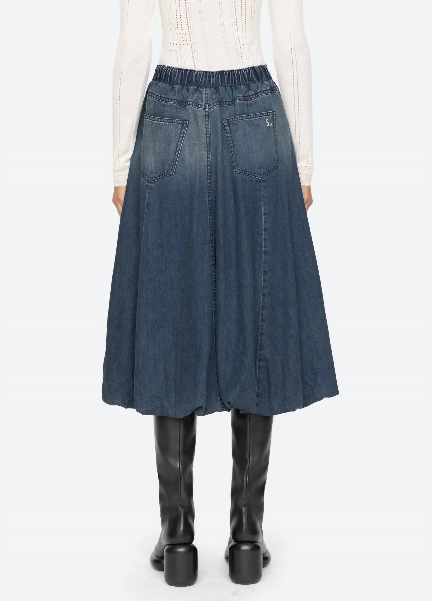 SEA Amari Denim Bubble Midi Skirt in blue - women's skirt - detail view