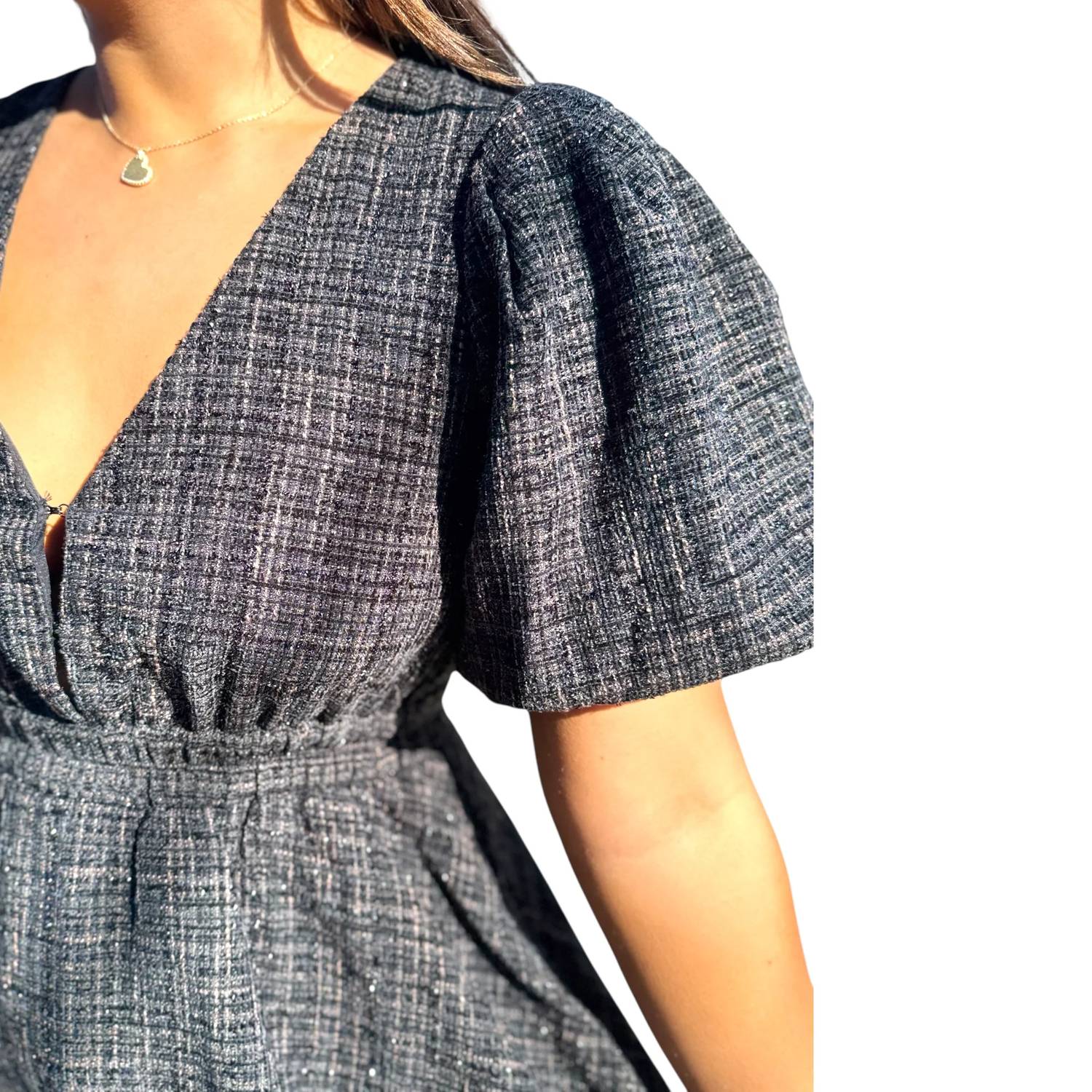 Meet Me In Santorini - Tweed Deep V Puff Sleeve Mini Dress
