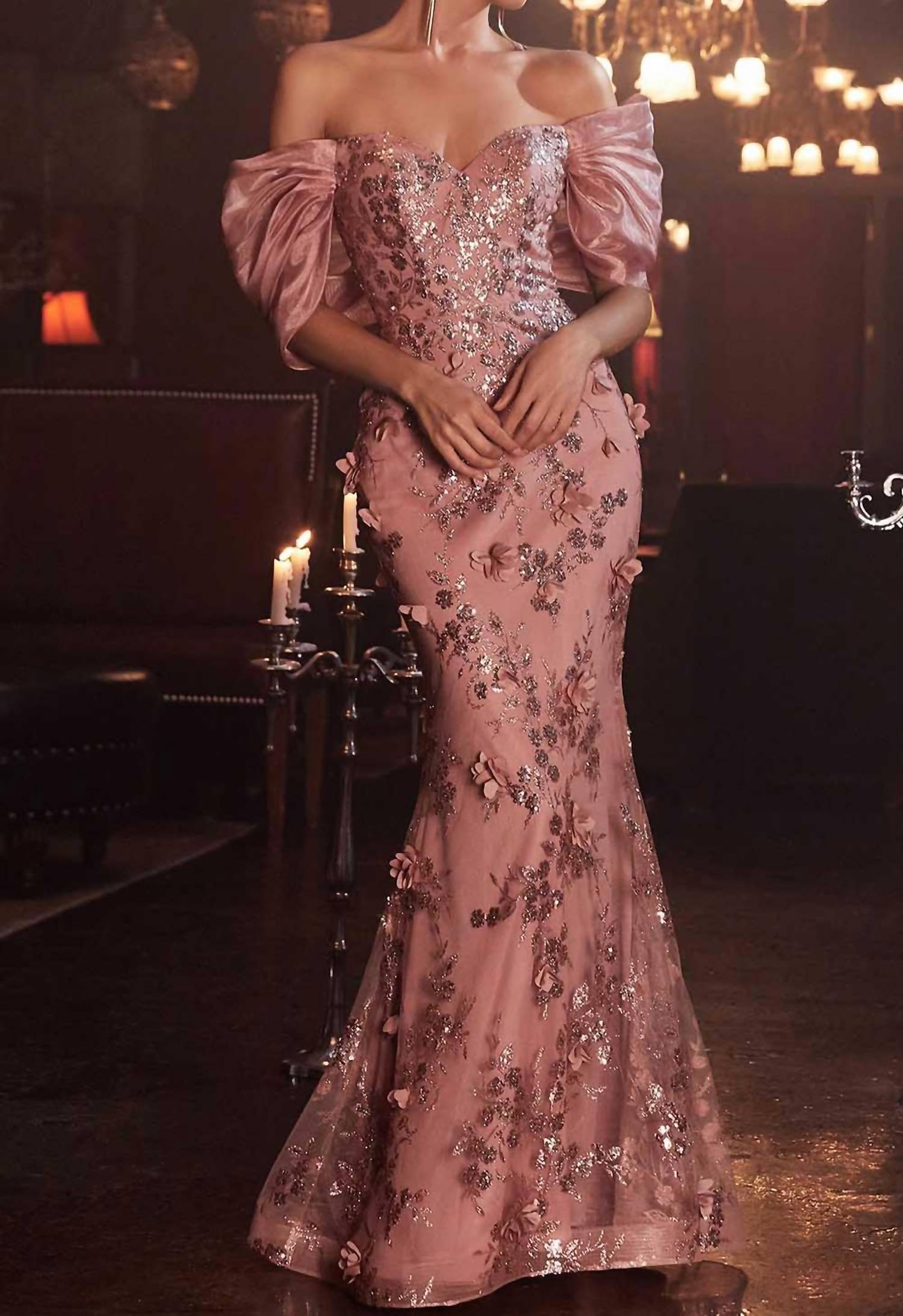 Cinderella Divine - Off Shoulder Ruffle Sleeve Evening Gown