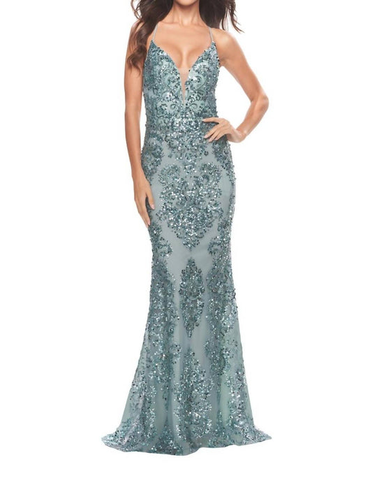 La Femme - Print Sequin Open Back Dress