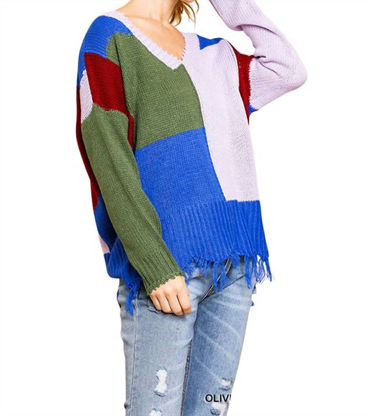 Umgee - Color Block Frayed Hem Sweater