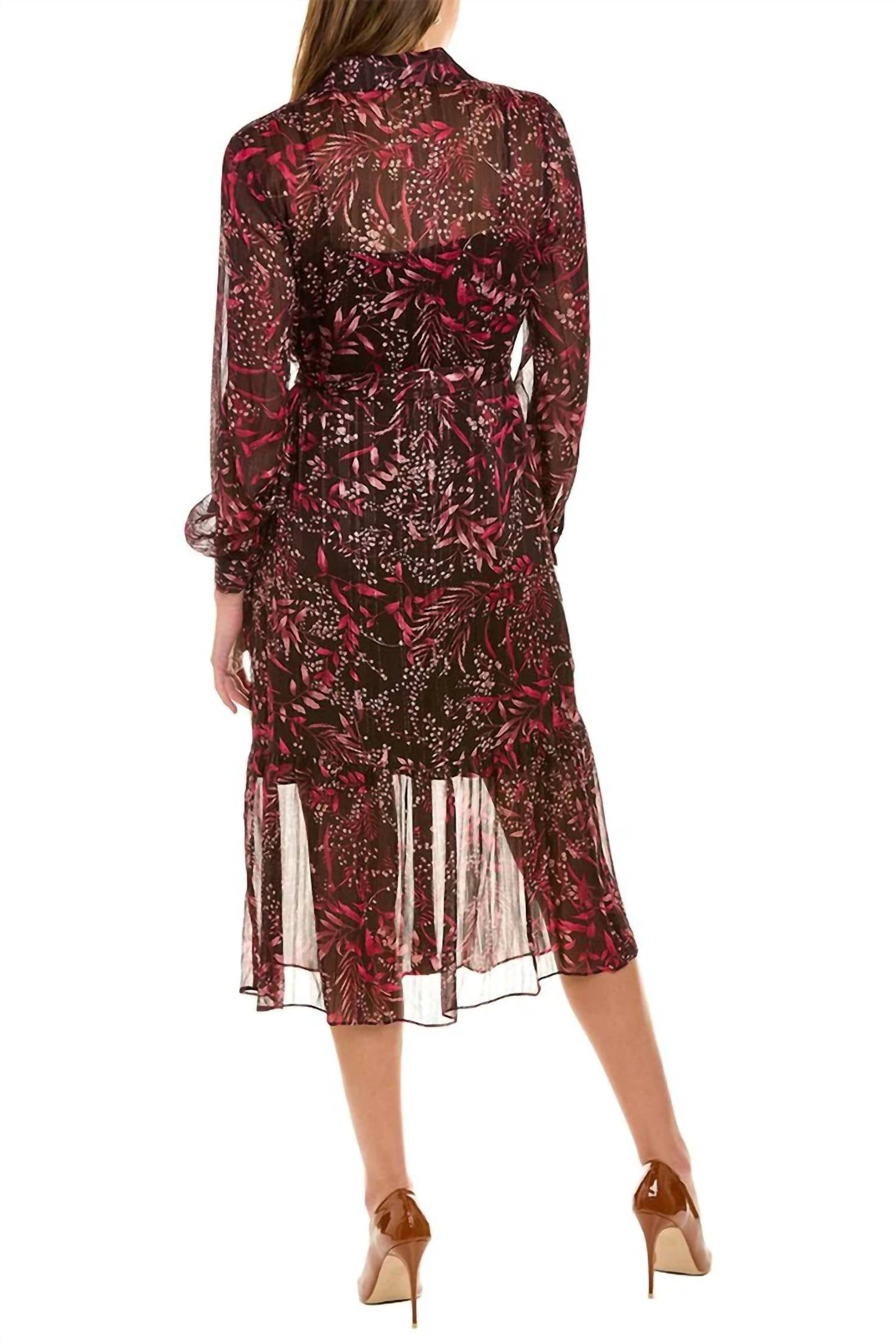 Nanette Lepore - Collared Barbell Cuffs Metallic Tie Waist Chiffon Shirt Dress
