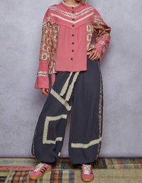 Pol - High Neck Printed Contrast Stud Shirt Top