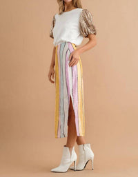 Blue B - Stripe Sequin Side Slit Midi Skirt