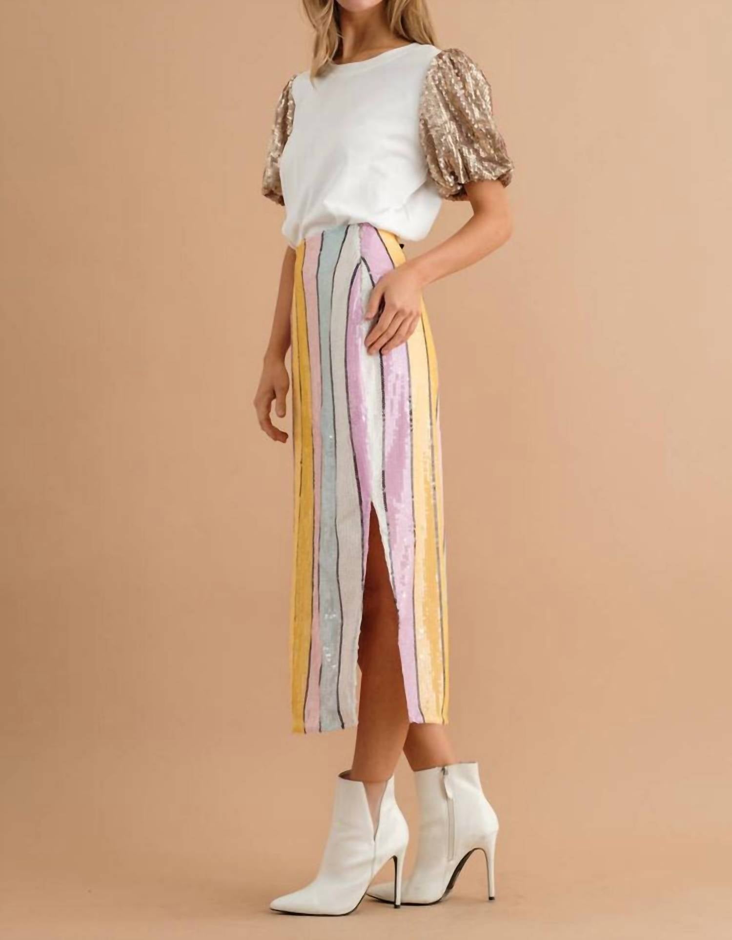 Blue B - Stripe Sequin Side Slit Midi Skirt