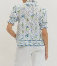 Entro - Botanical Print Short Puff Sleeve Top