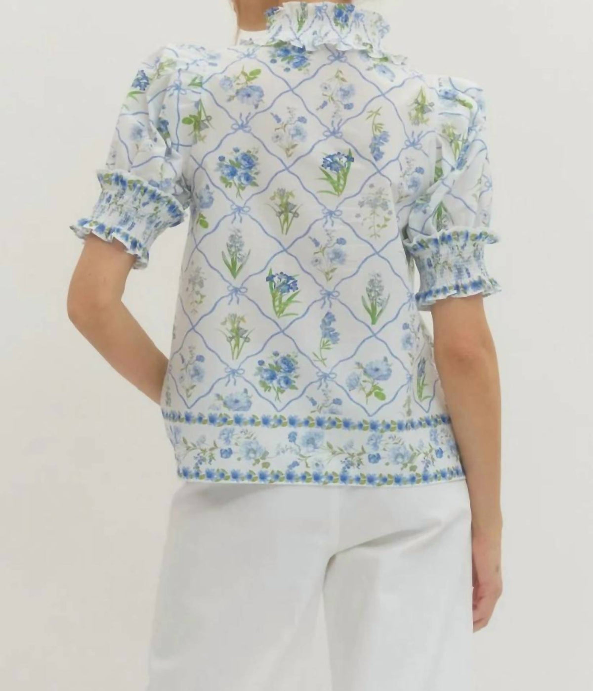 Entro - Botanical Print Short Puff Sleeve Top
