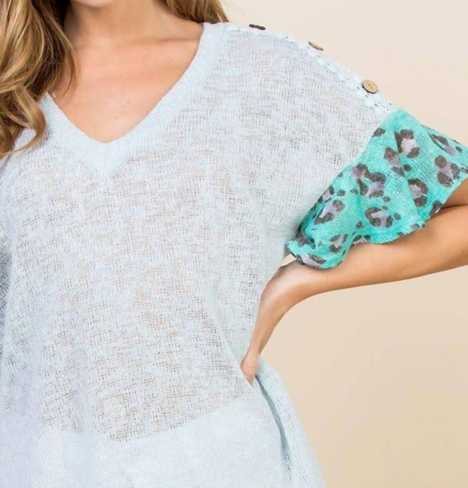 Emerald Collection - Lace Button Trim V Neck Top