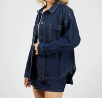 mica denim Washed Hi-low Shacket in dark wash - women's jacket - detail view