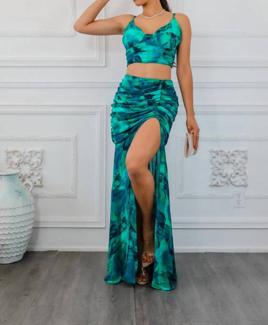 Surelymine - Dipped In Ruching Maxi Skirt Set With Plunging Slit