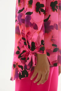Joseph Ribkoff Senna Satin Floral Print Off Shoulder Top in pink purple black - women's blouse - view 5
