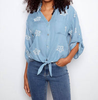 Charlie B - Embroidered Tencel With Front Tie Blouse