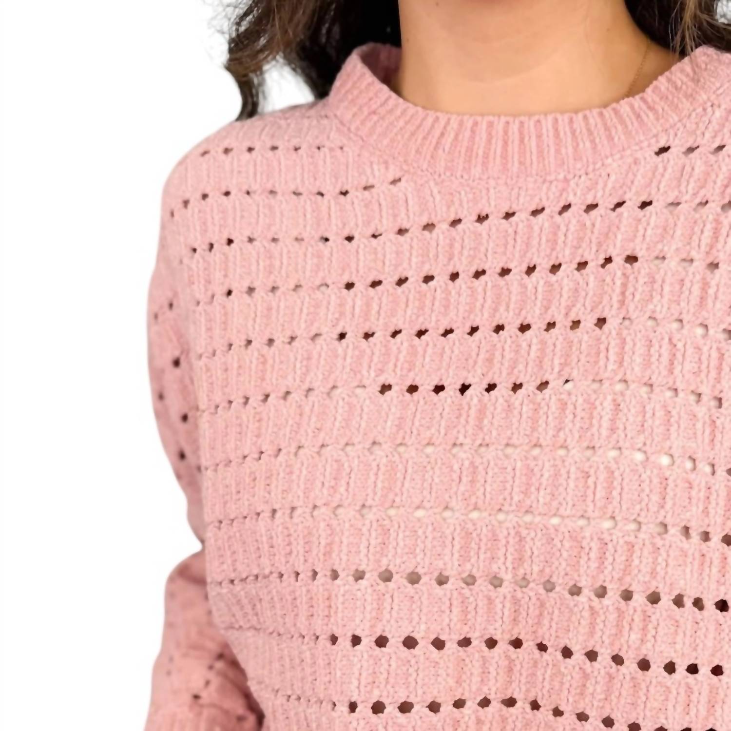 Allie Rose - Open-knit Long Sleeve Mom Cropped Sweater Top