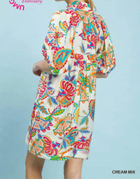 Umgee - Abstract Print Ruffled Neck Mini Dress