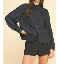 PINCH Tie Neck Long Sleeve Top in black - women's long sleeve top