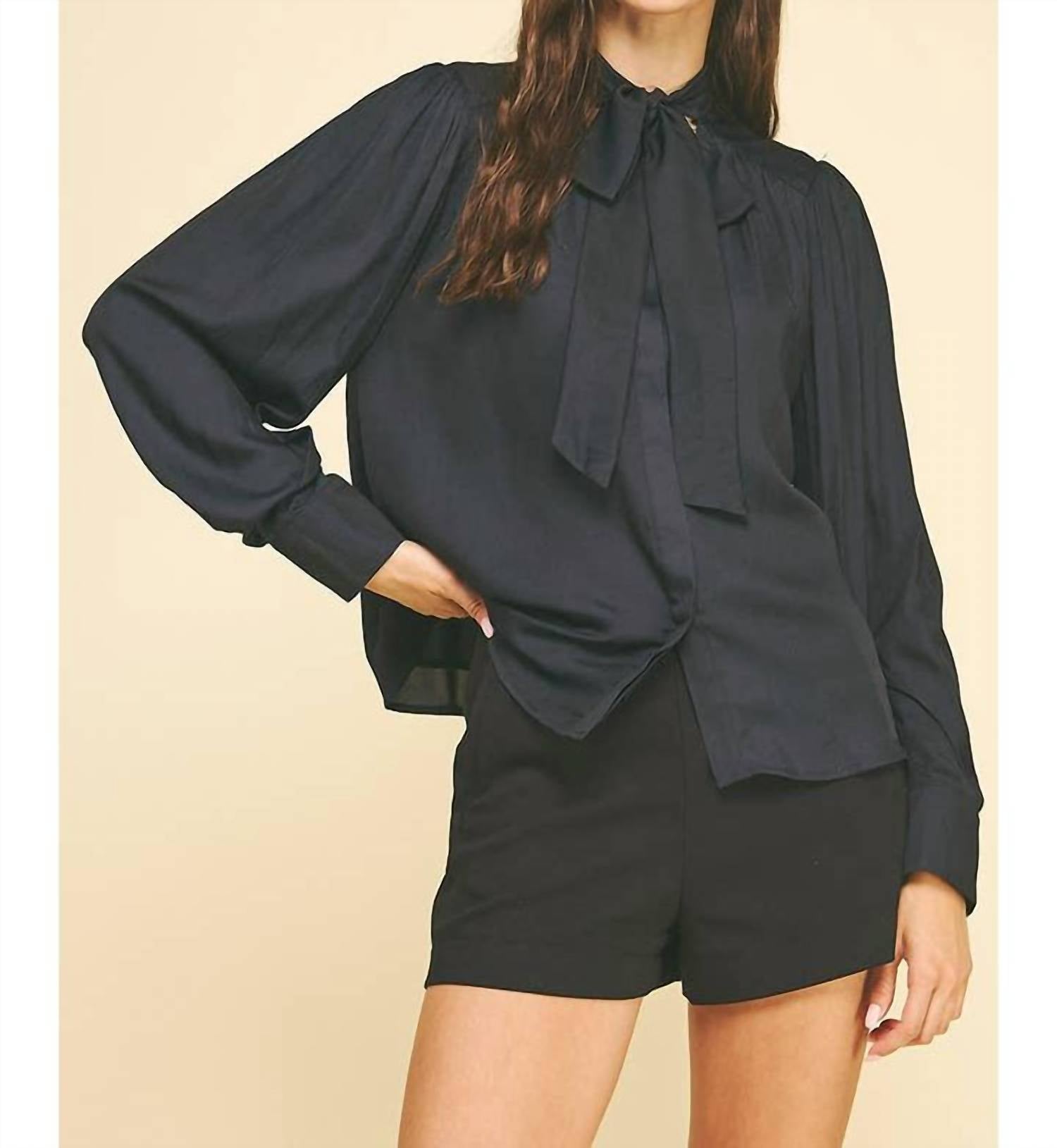 PINCH Tie Neck Long Sleeve Top in black - women's long sleeve top
