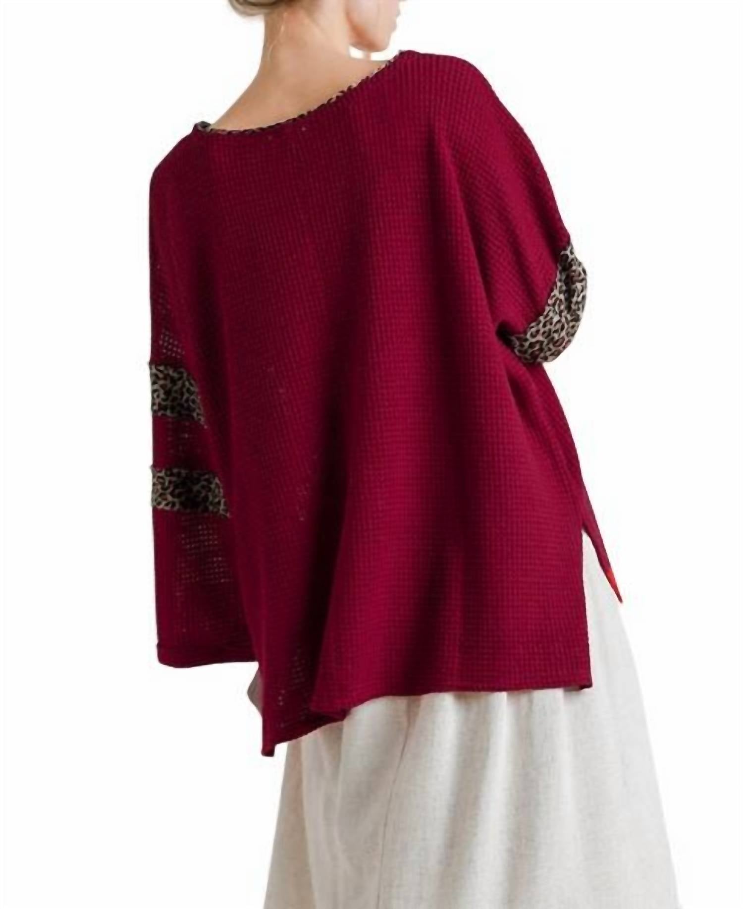 Umgee - Leopard Trim Waffle Knit Top