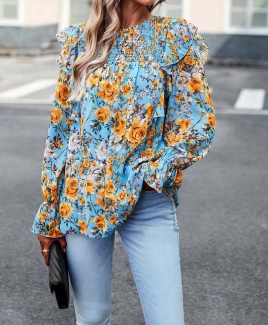 Epretty - Bright Floral Print Smocked Ruffle Trim Blouse