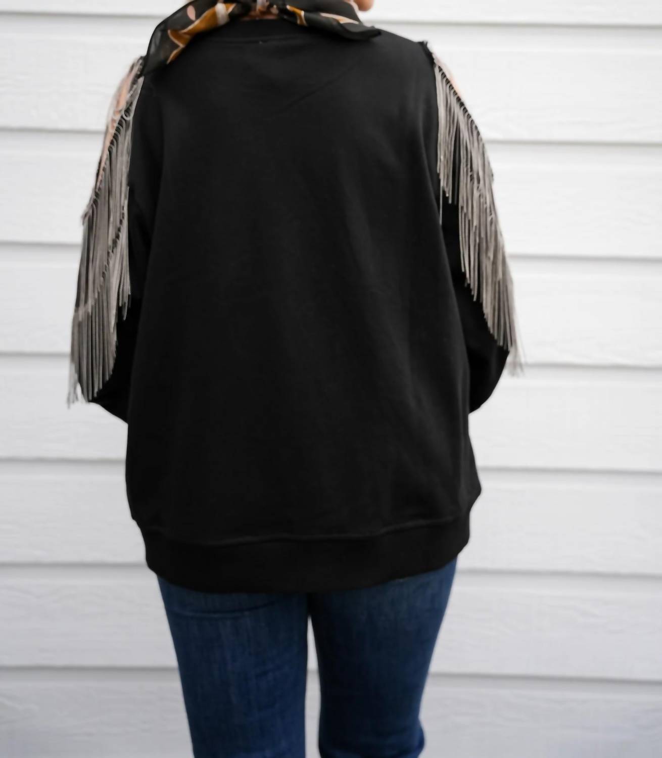 Fantastic Fawn - Fringe Cold Shoulder Knit Sweatshirt