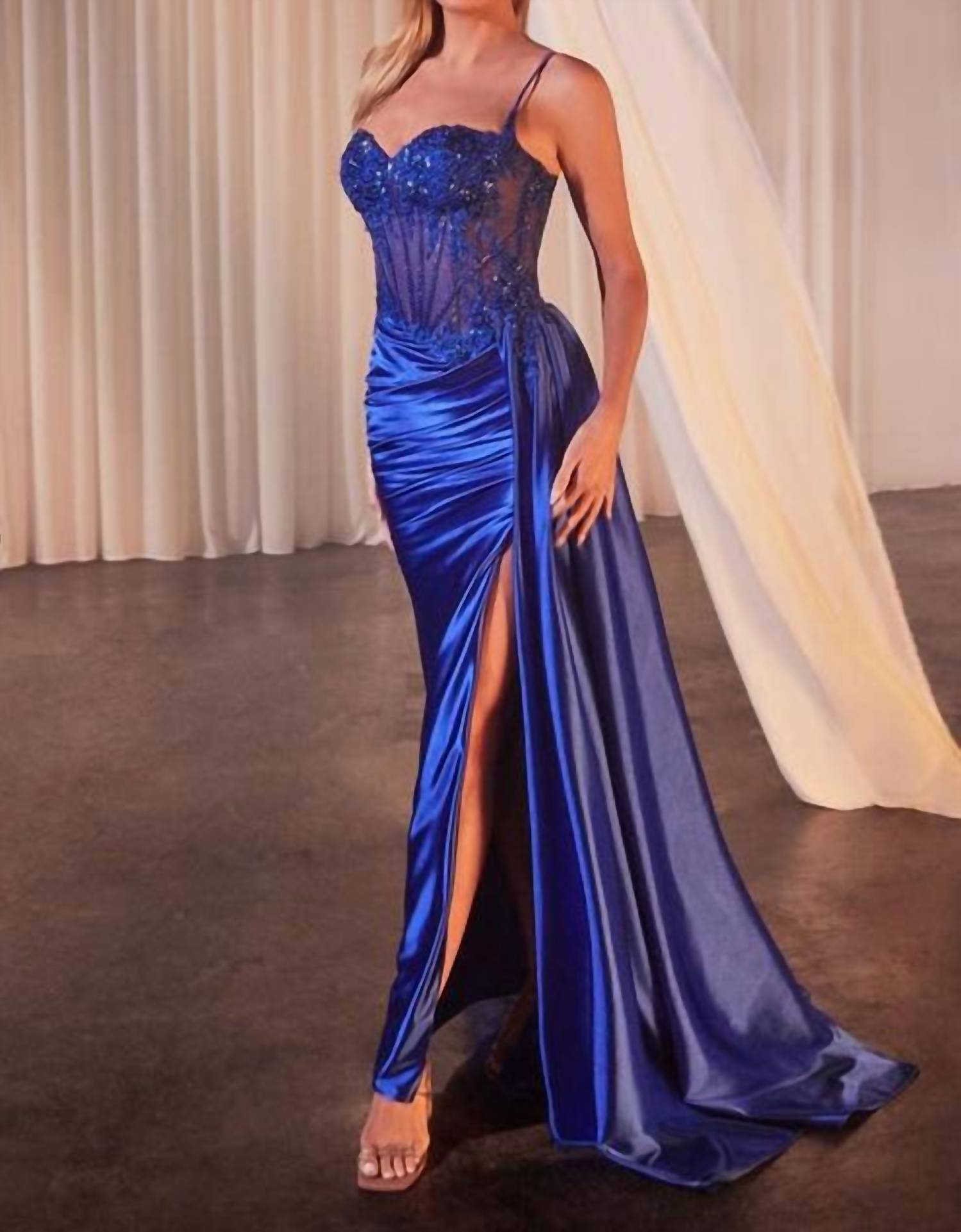 Ladivine Sheer Corset High Slit Dress in royal - women's dress - detail view