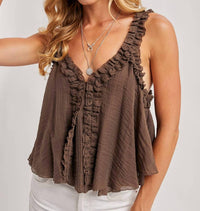 Bluivy - Gathered Strap Raw-edge V-neck Flowy Top