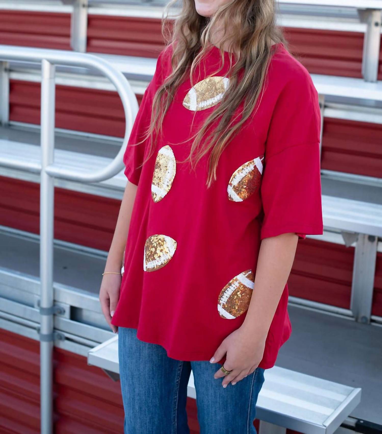 PAPERMOON Women's Dazzling Football Sequin Top in red - women's t-shirt - detail view