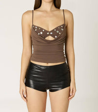 Cotton Candy LA Tasha Draped Cut-out Crop Top in sable - women's shirt