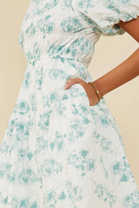 Hayden La - Textured Floral Puff Sleeve Self Tie Dress