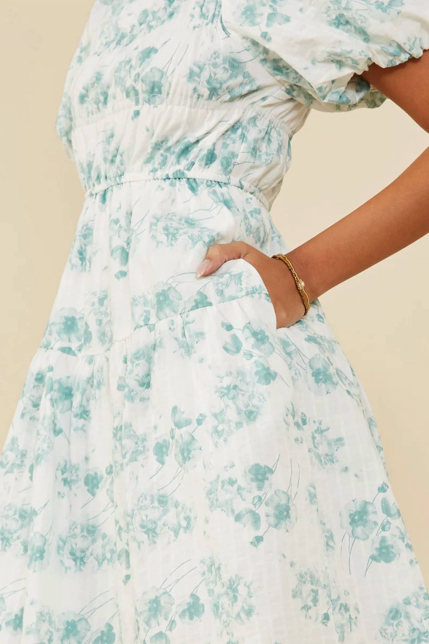 Hayden La - Textured Floral Puff Sleeve Self Tie Dress