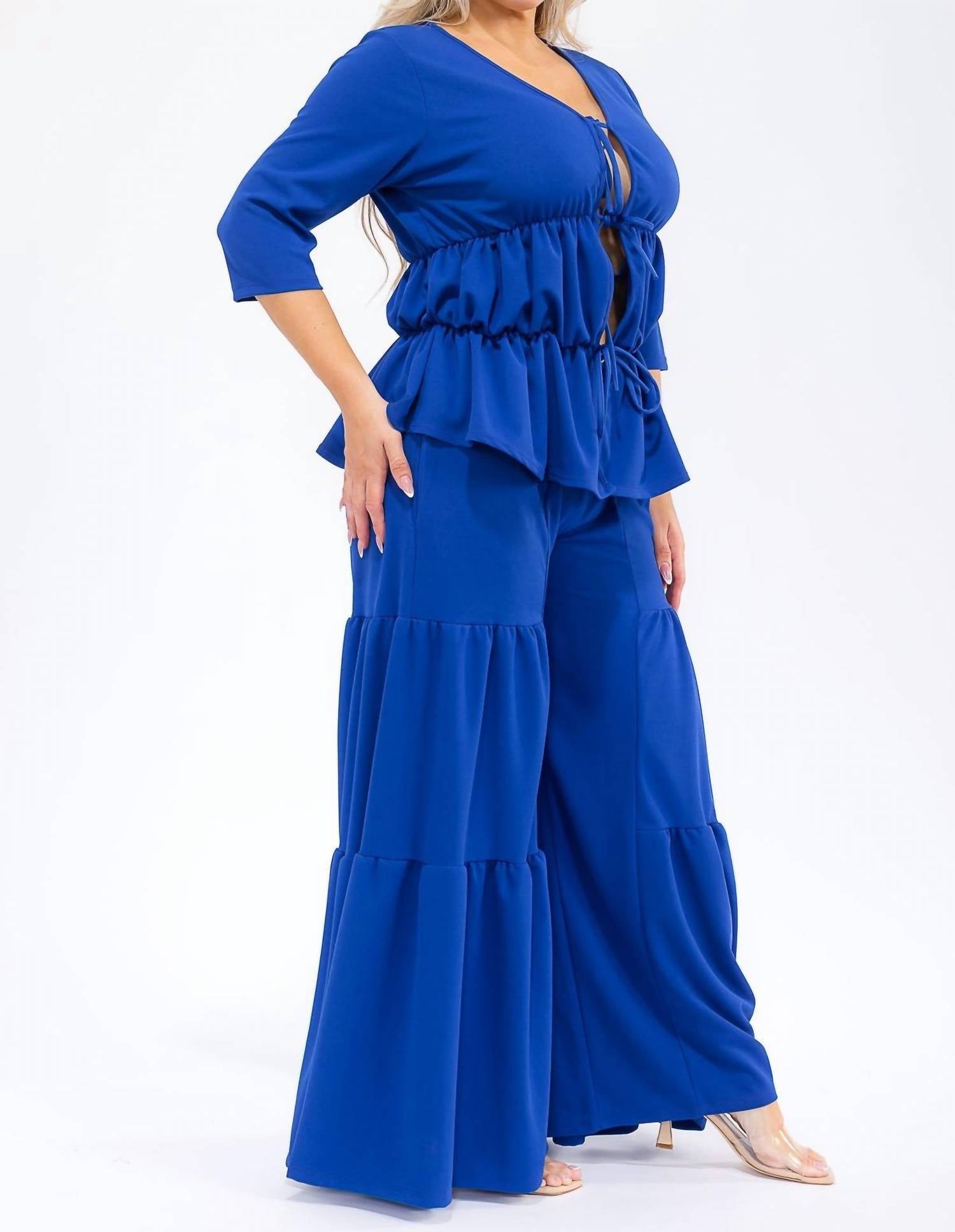 Karen T Design - Hollow Lace Up Top And Spliced Wide Leg Pants