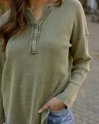 Grace And Lace - Mineral Washed Waffle Henley Sweater