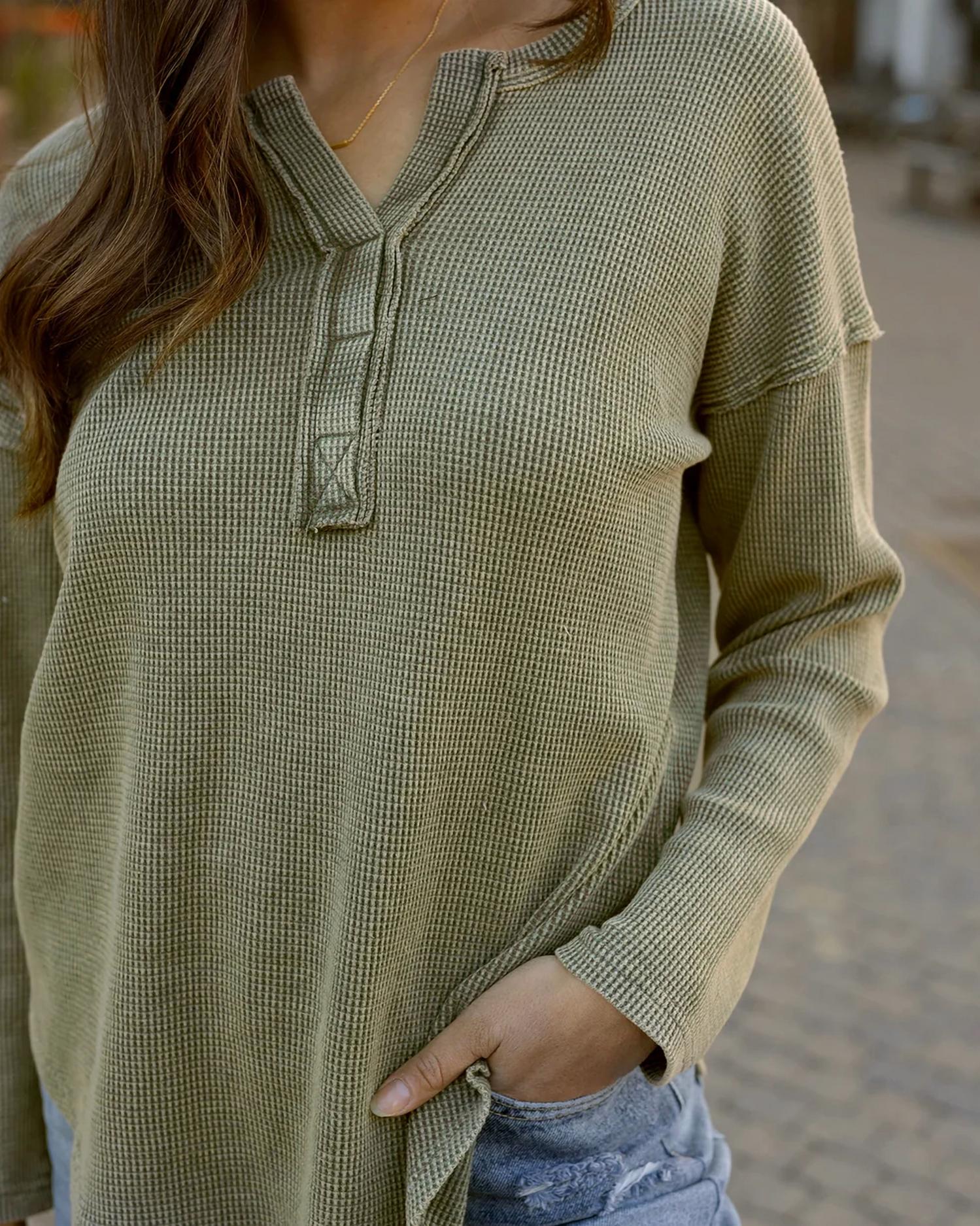 Grace And Lace - Mineral Washed Waffle Henley Sweater