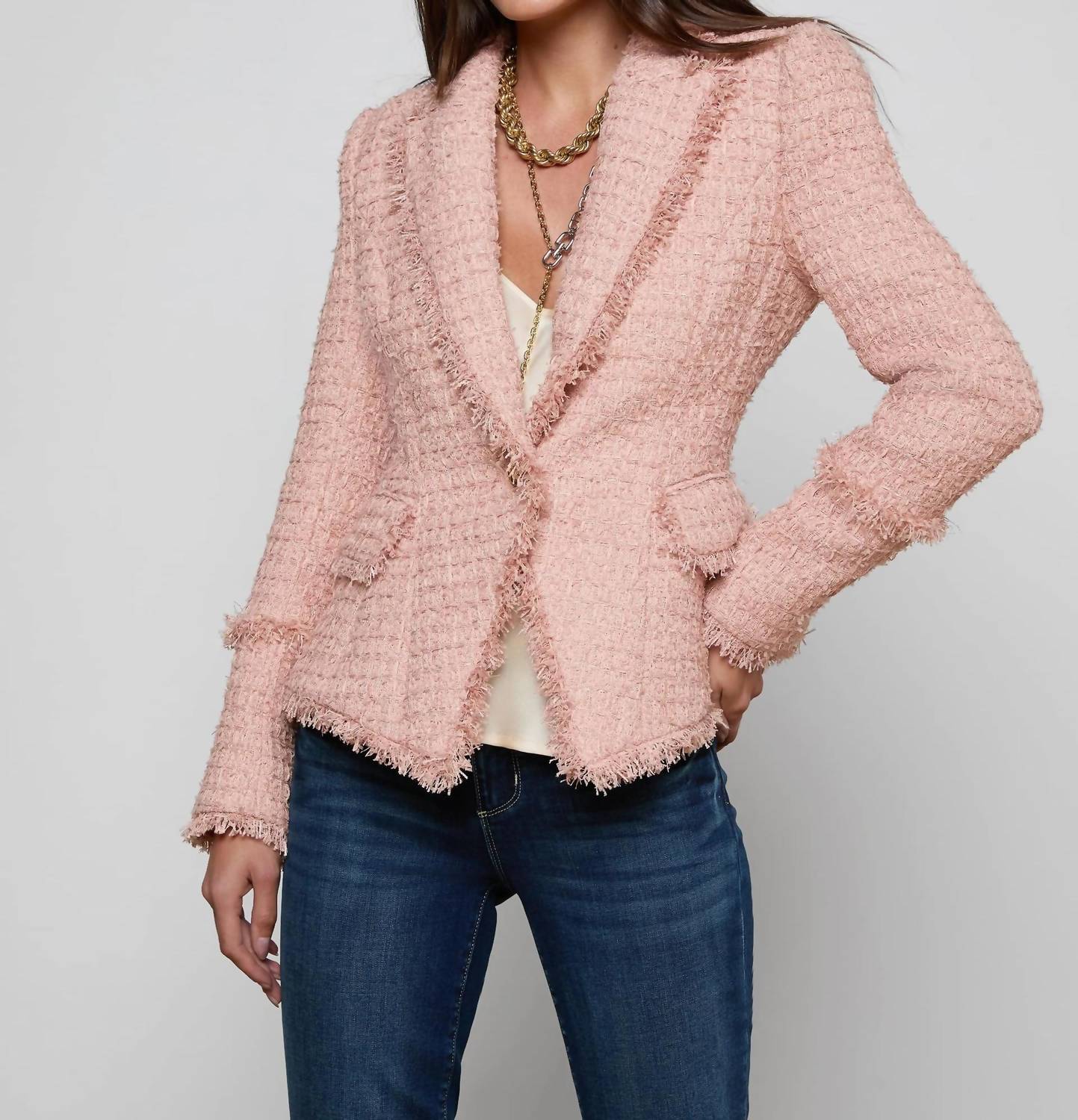 L'Agence Kaisley Tweed Blazer in dusty pink - women's jacket
