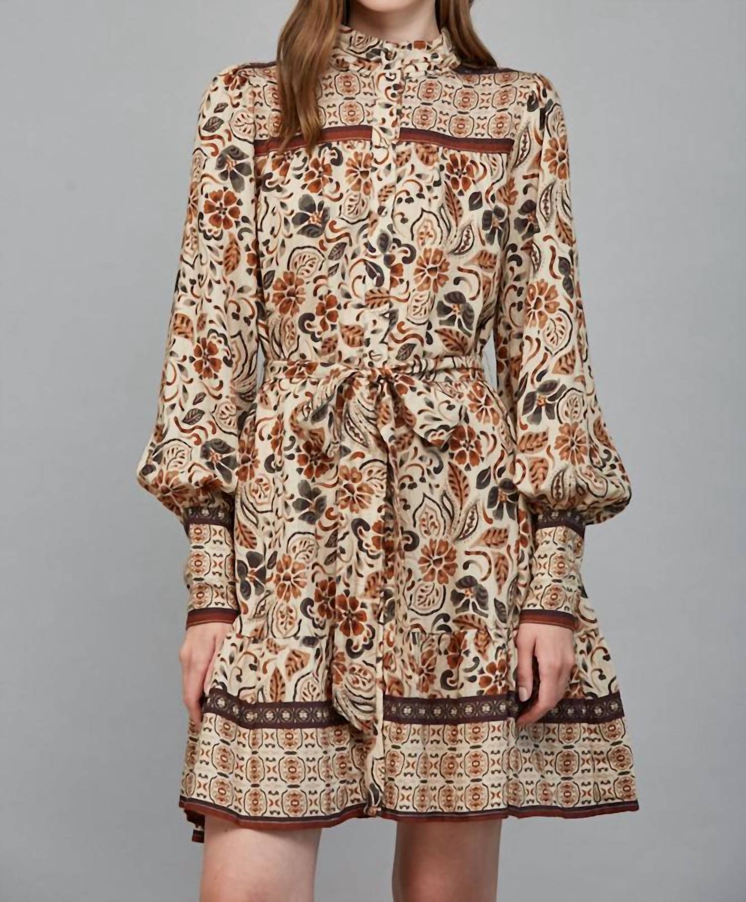 Fate Boho Tiered Long Sleeve Mini Dress in cream - women's dress - detail view