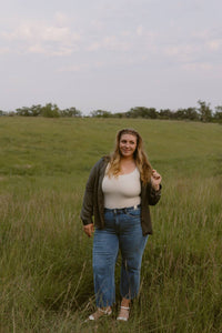 SKIES ARE BLUE Satin Button Up Top in olive - women's long sleeve top