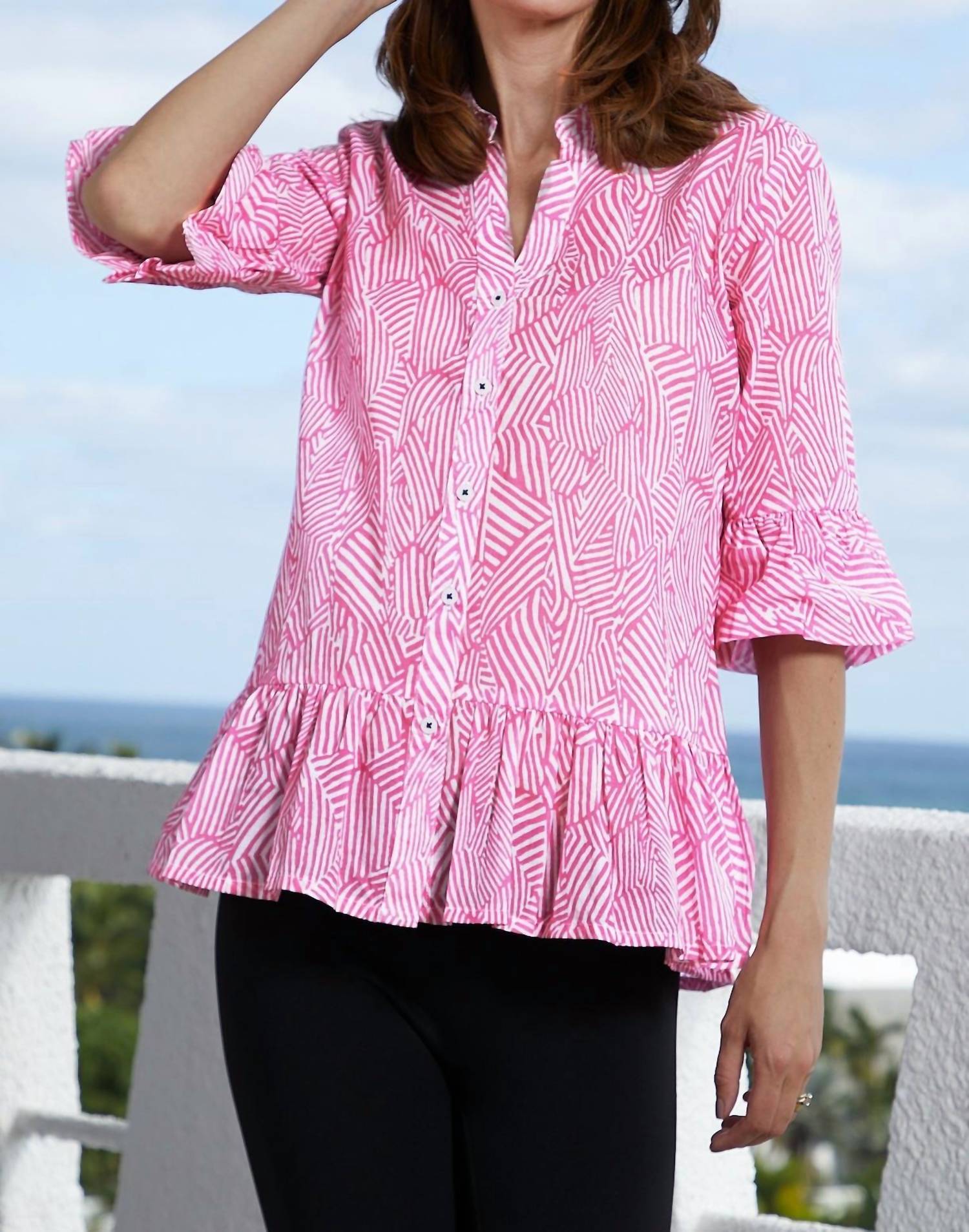 Dizzy-Lizzie Peplum Button Front Shirt in 803 pink - women's blouse - alternate view